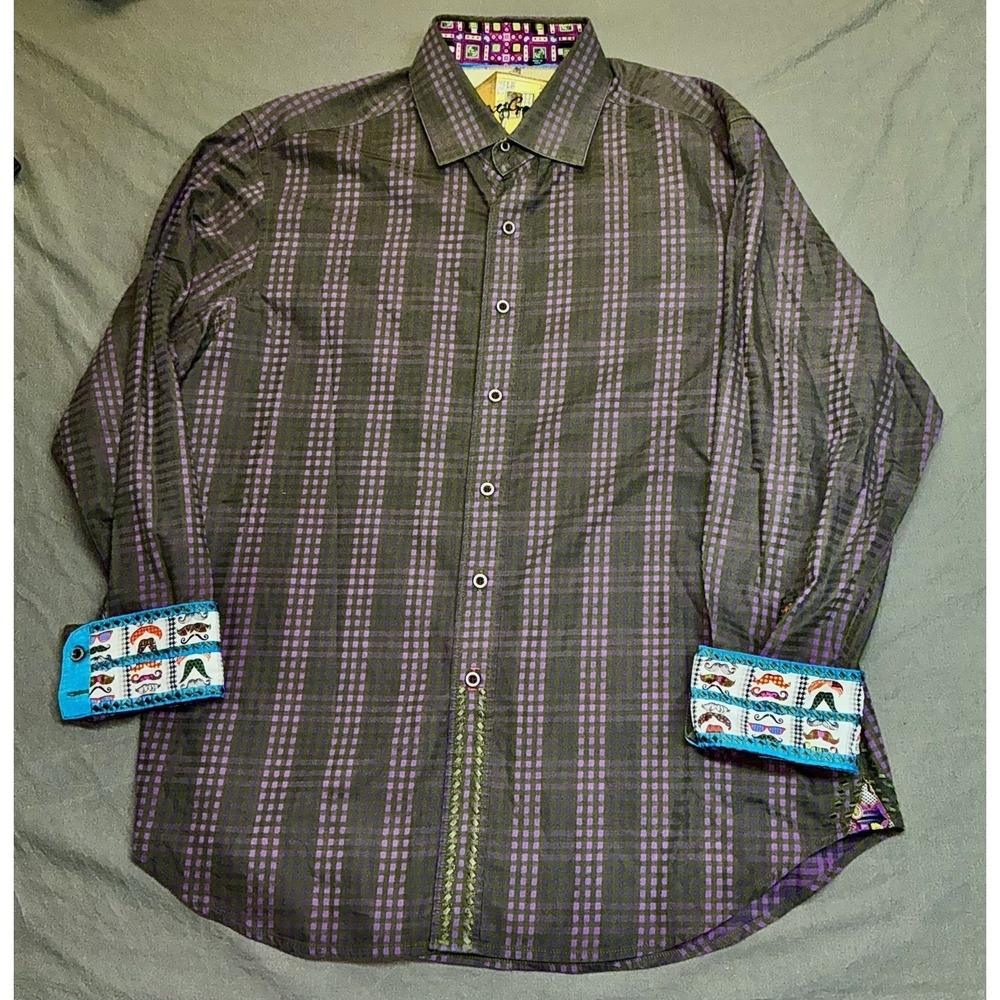 Robert Graham Mens Shirt Long Sleeve Button Up Plaid Olive Purple Sz Large